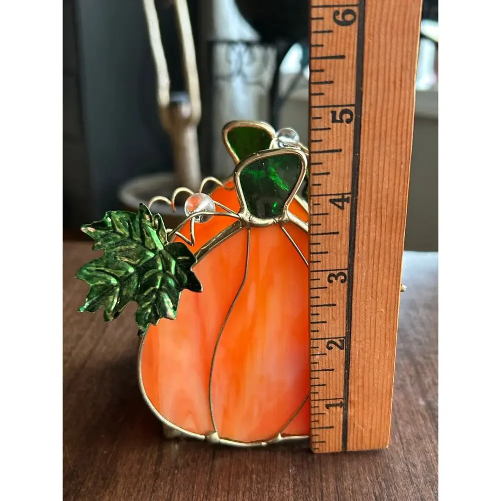 Vtg stained Glass Pumpkin Candleholder Tea Light Votive